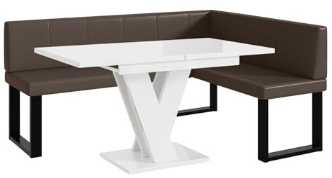 MEBLINI Eckbank für Esszimmer mit ausziehbarem Tisch - Küchenbank - Essecke - Sitzecke Küche - Peter - U-Beine 128x168x87cm Rechts - Braun Kunstleder/M Weiß Hochgl.