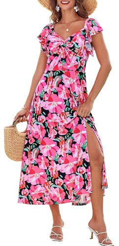 GRACE KARIN Robe imprimée pour Femmes Manches à Volants col en v Robe trapèze Fente latérale Robe de Plage Vacances Fleur Rose Noire 2XL
