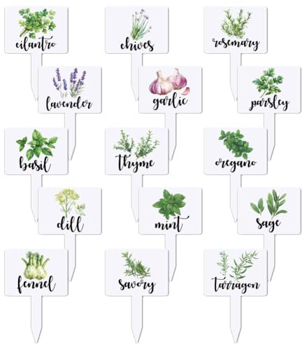 arricraft 15 Pcs Acrylic Plant Label Signs, Herbal Themed Waterproof Garden Stake Labels T-Shaped Plant Marker with Herbal Names for Indoor Outdoor Potted Plants Nursery Marker Decoration