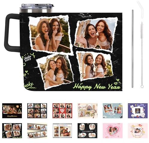 DUOYUN Personalized 40 oz Tumbler with Handle & Straw, Custom Large Capacity Car Cup with Photo & Text, Stainless Steel Travel Mug, Customized Birthday Gifts Christmas for Women Men - Black