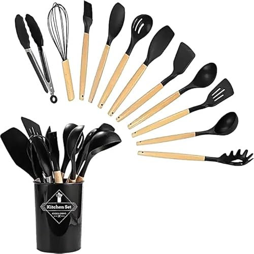 BrixStation Kitchen Utensils Set, 12 Piece Silicone Cooking Utensils Set, Non-Stick Spatula Turner Spoon with Wooden Handle, Heat Resistant Kitchen Tools for Nonstick Cookware - Black