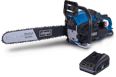 Scheppach Benzin Kettensäge PCS56E Benzin Kettensäge 2-Takt Benzinmotor 3,1PS / 2,3kW ProCut Kettenführung und Kette 20 / 51cm inkl. Akku und Ladegerät