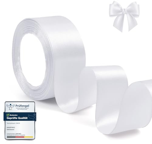 ihaspoko 4cm Breites Satinband Weiß 22m Geschenkband Hochzeit Basteln | Glänzendes Polyesterband für Hochzeiten, Geschenkverpackung, Tischdeko, Blumensträuße, Karten und DIY-Projekte
