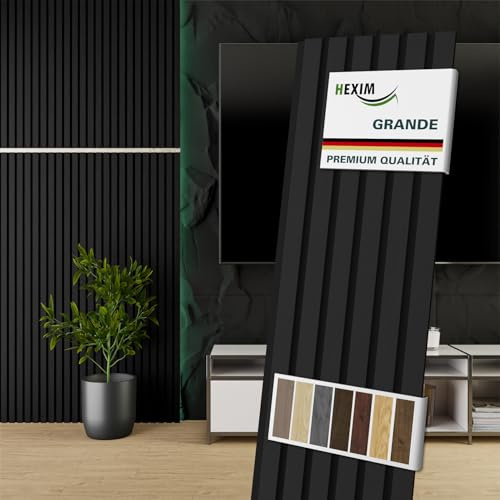 HEXIM Akustikpaneele 6 Stück 140x30cm Holz Grande - Wandpaneele Platten Lamellen Holzpaneele Echtholzfurnier 21mm Filz Schalldämmung MDF Schwarz (2,52m² Black Ash)