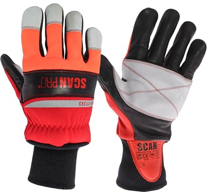 Scan Pro Chainsaw Gloves – Dual Hand Protective Work Gloves with Class 1 Hand Protection, Reinforced Premium Leather Palms & Knuckles, EN388 & EN11393-4 Certified – Size XL (10)