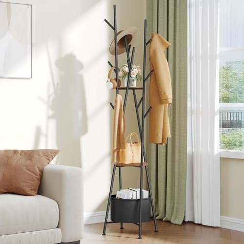 HEXCELEN Garderobenständer, Kleiderständer, Garderobe mit 10 Haken und 2 Ablagen, mit Großem Ablagekorb, Metallgestell, für Flur, Wohnzimmer, Schlafzimmer, 48 x 48 x 186 cm, Braun und Schwarz