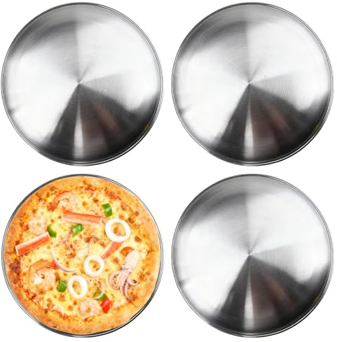 GOEDCH Juego de 4 bandejas para pizza, 30 cm, de acero inoxidable, redondas, para horno, hornear, servir, asar, metal plateado, para cocina, café, lavavajillas