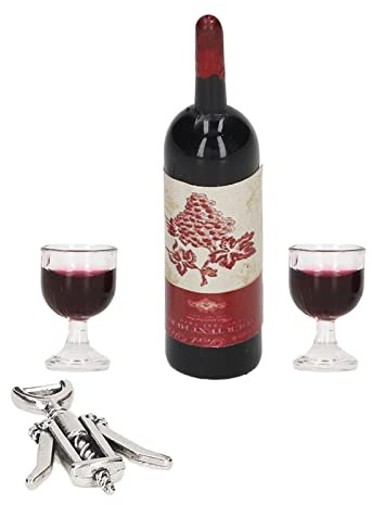 Fdit Ensemble de Vin Rouge pour Maison de Poupée à L'échelle 1/12, Bouteilles de Vin et Verres Miniatures en Résine avec Ouvre-Bouteilles en Métal pour Maison de Poupée, Mini