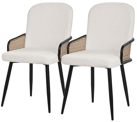 ML-Design Lot de 2 Chaises de Salle à Manger en Tissu Beige, Accoudoirs en Rotin et Pieds en Métal Noir, Assise Rembourrée Confortable, Fauteuils Ergonomiques de Cuisine ou Salon, Style Scandinave
