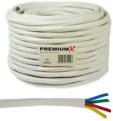 Premium X 50m Basic Quattro Quad Koaxial SAT Kabel 90dB 2-Fach geschirmt Antennenkabel 4in1 Koaxialkabel Weiß
