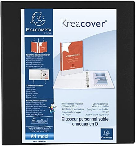 Exacompta 51845NE Präsentationsringbuch KreaCover aus blickdichtem Kunststoff für DIN A4, 4-D Ring Mechanik 60 mm, Rücken 90 mm, schwarz ideal für Schule und Büro Ringhefter Ringordner Ringbuchordner