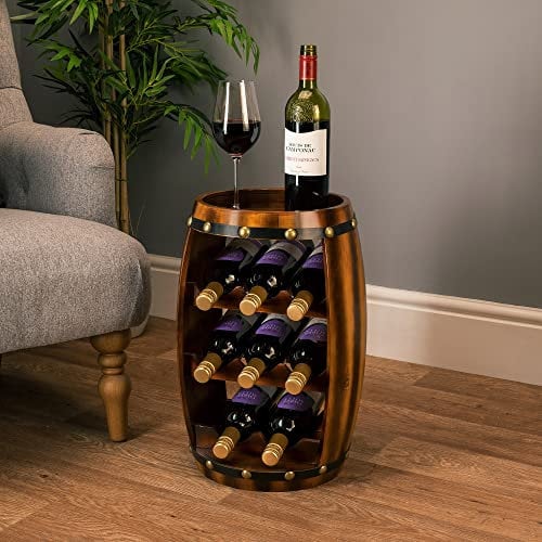 CHRISTOW Wooden Wine Rack Barrel, Free Standing With Top, 8 Bottle Holder, Oak Effect Storage, Gift For Wine Lover, H50cm