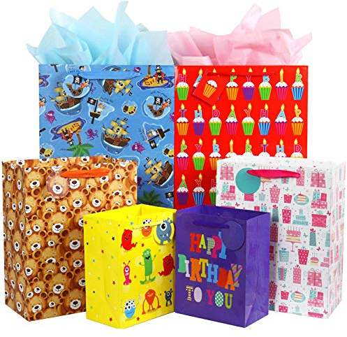 Fzopo Birthday Gift Bag Assortment with Handles and Tags, 12 Pcs Premium Quality Assorted Sizes Paper Bags Set, XL 43x33x16.5, Large 33x26.7x14.6, Medium 23x17.8x10.7cm, 6 Designs