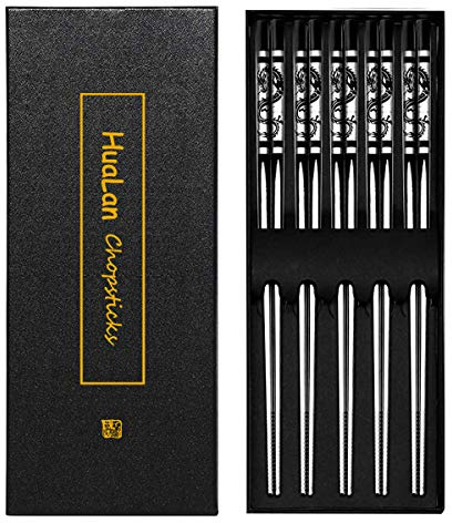HuaLan Metal Alloy Chopsticks Stainless Steel Non-Slip Design Chopstick Dishwasher Safe Chop Sticks Laser Engraved Dragon Pattern 5 Pairs Gift Set