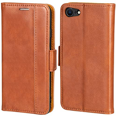 Leaum Handyhülle für iPhone SE 2022 2020 8 7, Leder Tasche mit Kartenfach Ständer Klapphülle Schutzhülle (Braun)