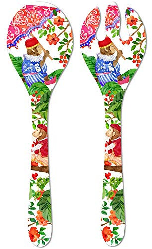 Les Jardins de la Comtesse - Salatbesteck aus reinem Melamin - 33 cm - Affen aus Bali - Korallenrot und Grün - Besteck aus der Kollektion MelArtmine - Unzerbrechliches Geschirr