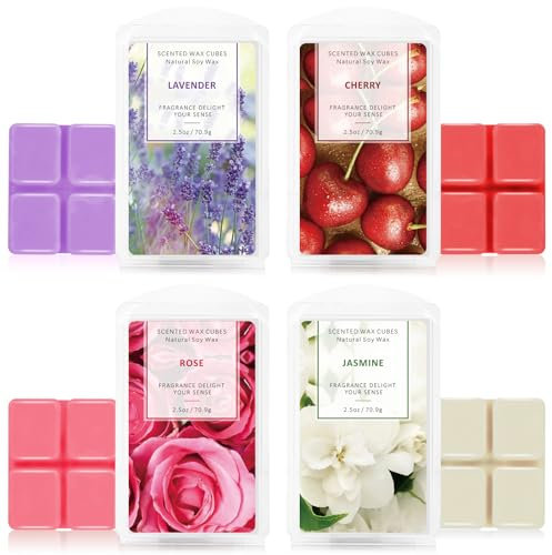 LA BELLEFÉE Duftwachs Wax Melts 100% Sojawachs Raumduft Duftkerze 4 Pack, insgesamt 24 Würfel (280g) - Jasmin, Lavendel, Kirsche, Rose, Geschenk für Weihnachten, Hochzeiten, Geburtstag, Vatertag
