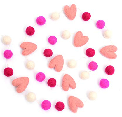 Glaciart One Pom Pom Girlande – Wollfilz-Kugelgirlande – 25 Bälle, 8 Herzen, 4 Valentinstagsfarben, Pompon-Dekorationen, Kinderzimmer-Dekor, Wimpelkette, Geburtstagsparty-Dekorationen, Karneval