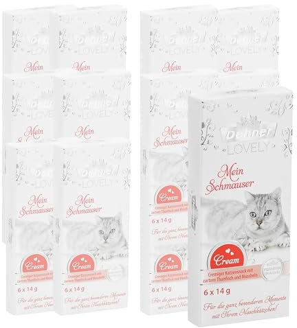 Dehner Premium Lovely Katzensnack, Ergänzungsfutter cremig / glutenfrei / zuckerfrei, für ausgewachsene Katzen, Thunfisch / Muscheln, 12 x 84 g