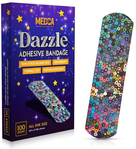Bandages à paillettes pour enfants – (boîte de 100 pièces) bandes adhésives avec motif pailleté coloré et bandes emballées individuellement sans latex pour les premiers secours, le soin des plaies