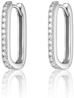 Brandlinger ® eckige Statement Ohrringe Silber 925. Creolen rechteckig. Schmuck Damen vergoldet mit 18 Karat (Silber und Gold) für Frauen und Mädchen. Größe der Hoops 20,3mm. (Silber (weiße Steine))