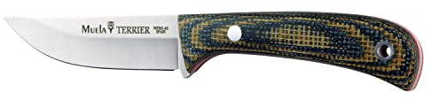 Cuchillo de caza Muela, Modelo TERRIER-9G. Hoja de acero inox NITRO-42 de 9 cm, mango de micarta en color turquesa y marrón, incluye funda de cuero Negra+ Tarjeta Multiusos de Regalo.