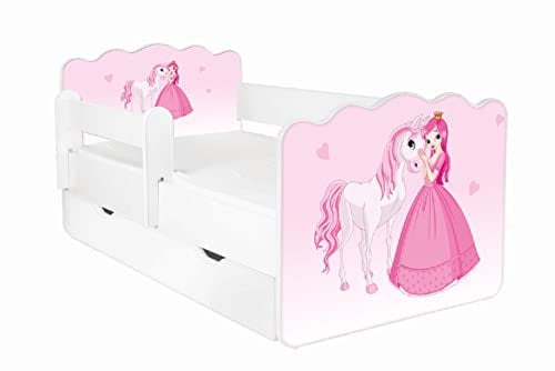 AS-TOR Kinderbett Jugendbett Alex 70x140cm mit Matratze, Schublade und Abnehmbarem Geländer-Bett Schlafzimmer Kindermöbel Kinderbetten für Mädchen und Junge, Hochwertige Möbelplatte, Rosa Prinzessin