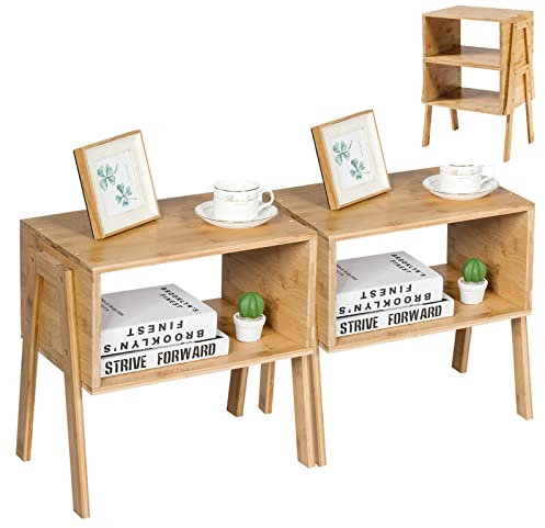 COSTWAY Set of 2 Stackable Bedside Tables, Bamboo Nightstand Sofa Side Table with Open Storage Compartment, Home Living Room Bedroom Coffee Tea End Table (Natural)