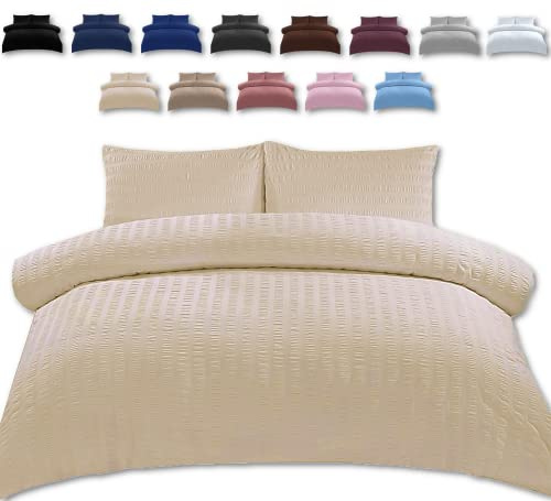 TheWhiteWater Double Bed Duvet Set - 2 in 1 Seersucker Bedding Set - Duvet Cover + 2 Matching Pillowcases - Natural Cotton + Virgin Polyester - Seersucker Pattern (Cream, Double - Duvet Cover ONLY)