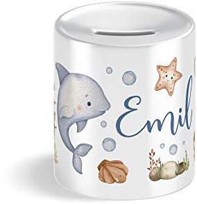 Delfin Unterwasser Tiere Kinder-Spardose personalisiert mit Name für Junge Boy zur Einschulung Taufe Geburtstag Geburt Sparschwein (Delfin)