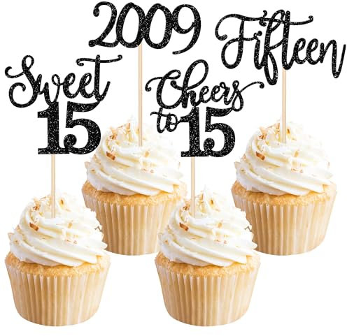 24 Stück 15. Geburtstag Cupcake Toppers Glitter Fifteen seit 2010 Sweet 15 Cupcake Picks Hello 15 Years Birthday Cake Decorations für Happy 15th Birthday Anniversary Party Schwarz