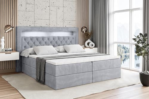 ALTDECOR Boxspringbett mit Matratze und Lattenrost, LED Boxbett, Topper, Polsterbett mit Bettkasten, Bett mit Stauraum H4-Matratze, Doppelbett, Springboxbett - Noel Gold - 180x200 - Grau Monolith
