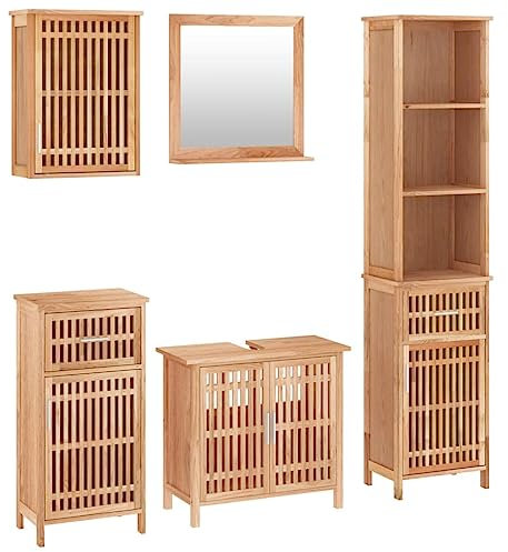vidaXL Badmöbel Set 5 TLG., Badezimmer Möbel mit viel Stauraum, Badschränke mit Spiegel, Badspiegel Waschbeckenschrank Badezimmerschrank Wandschrank Hochschrank, Nussbaum