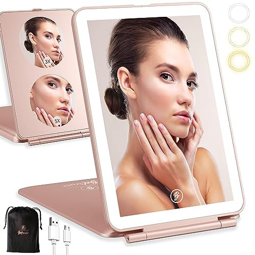 Beltruci Travel Makeup Mirror with Lights - Rose Gold LED Light Up Mirror for Makeup with 1X/3X/5X Magnification, Table Mounted, Dimmable Lighting & Velvet Pouch