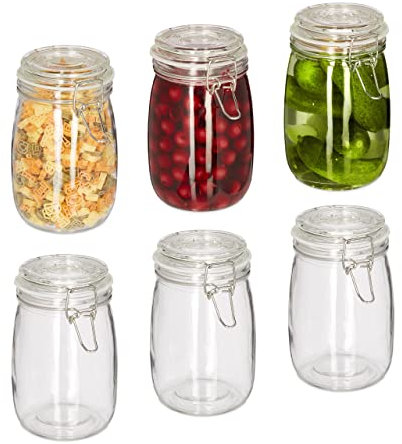 Relaxdays Bocal en Verre, Set de 6, 1 L, Couvercle, Fermeture mécanique, pour Conserver et Ranger, Transparent