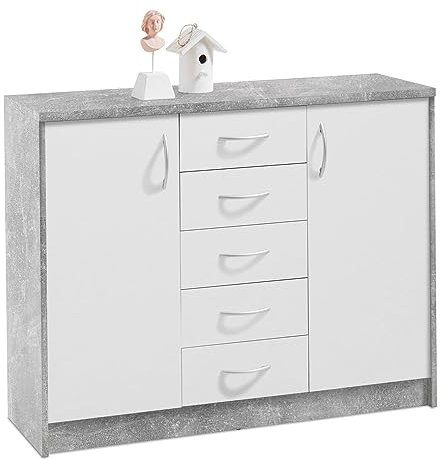 Home4You Kommode Sideboard Mehrzweckschrank | Dekor | Betonoptik | Weiß | 2 Türen | 5 Schubladen