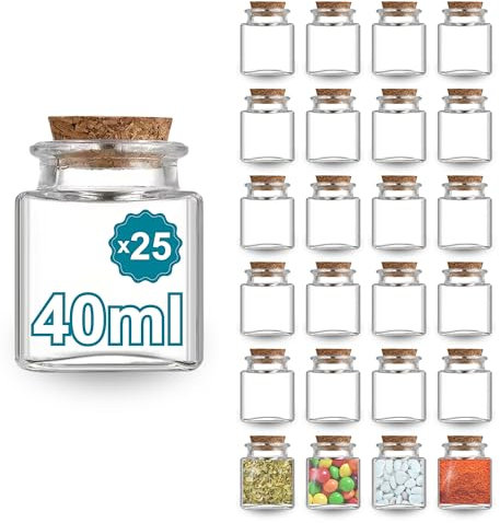 Espirito Rebelde Pack 25 Pots en Verre Carrés 40 ml avec Bouchon en Liège : Parfait pour Épices, Confitures, Cosmétiques | Cadeaux de Mariage | Bocal Épice et Pot à Confiture