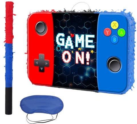 Videospiel-Piñata – Game-Controller-Piñata mit Augenbinde und Schläger für Jungen, Kinder, Gamer, Thema, Geburtstagsparty, Spiele, Dekorationen (42,4 x 30,5 x 7,6 cm)