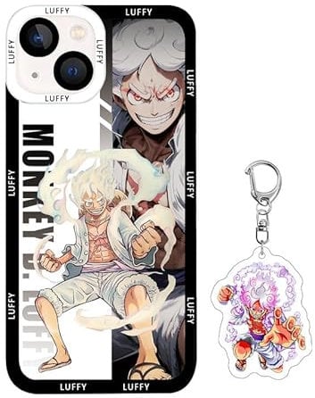 XYCJBHD Luffy Gear 5 Anime Phone Case Compatible for iPhone 14, Cool Cartoon Clear Soft TPU Case with Cute Keychain for Women Girls Men Boys Teen Kids (LUF,14)