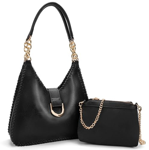 molshine Handtasche damen aus veganem Leder, Hobo-Umhängetasche mit Metallkette für Damen 2-teiliges Set Henkeltaschen HB038(Schwarz)