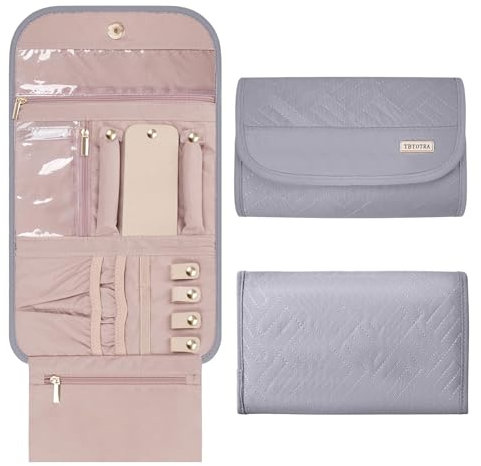 TBTOTRA Reise-Schmuck-Organizer-Box, faltbares Reiseetui für Ohrringe, Halsketten, Ringe, Armbänder, Grau