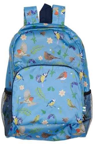 ECO CHIC Lightweight Foldable Water Resistant Backpack Rucksack Folds into Pouch for Storage (RSPB Birds Blue)