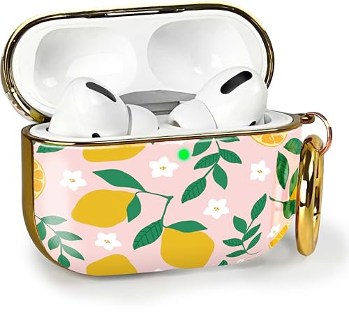 MyGadget Hardcase Hülle [ Zitronen Motiv ] kompatibel mit Apple AirPods Pro (2.Gen - 2022) - Qi kompatibel - mit Karabiner - LED Licht sichtbar - Rosa Gelb