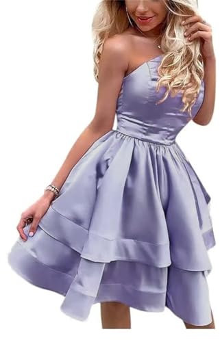 WSEYU One Shoulder Satin Homecoming Dress for Junior Short Prom Dress Mini Cocktail Gowns Dusty Lilac UK8