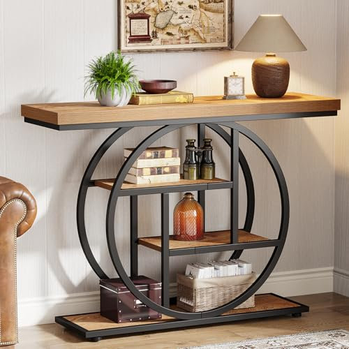 Tribesigns Console de Style Industriel de 105 cm, à 4 Niveaux avec Base Circulaire, étroite en Bois avec étagères de Rangement pour Salon et Couloir (Marron Clair)