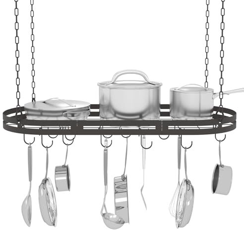 83,8 cm Hängetopfregal Deckenhalterung, schwarzes Metall-Pfannenregal zum Aufhängen mit 15 Haken, ovale Töpfe und Pfannen Hängeregal, Deckenhängeregal mit Gitter, Pfannen- und Topfaufhänger für