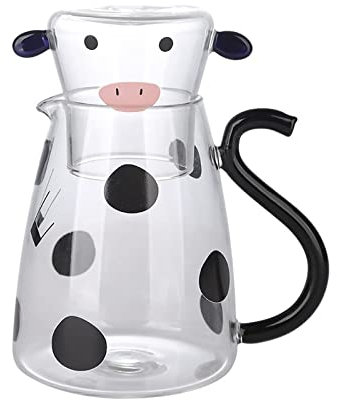 BestAlice Wasserfilter-Krug mit Glasbecher, Nachttisch-Wasserkaraffe und Wasserglas-Becher-Set, Cartoon-Kuh-Karaffe-Set für Eistee-Getränke, Saft, Kaltaufguss, Mimosa-Bar, Heißes/kaltes(1800 ml)
