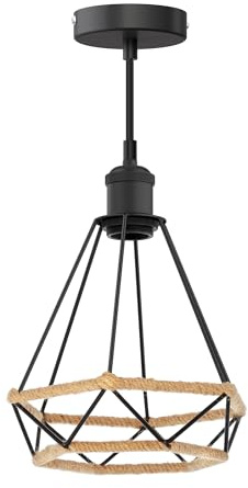 ledscom.de Vintage Pendelleuchte RETRA, schwarz, E27 Fassung, Käfig-Schirm, schwarz mit Hanf, 200mm Ø