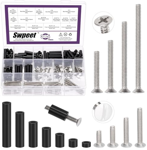 Swpeet 385Pcs 6-32 Thread Extra Long Outlet Screws, Slotted Wall Plate Screws and Electrical Outlet Spacers Extender Kit, Electrical Outlet Screws, Switch Plate Screws, Nylon Round Space