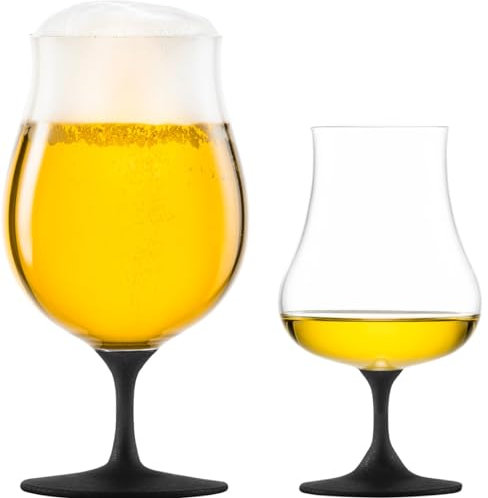 Dekomiro Eisch Set Bierglas + Universal Spirituosen Glas mit schwarzem Stiel mit Aromadeckel und Glasputztuch